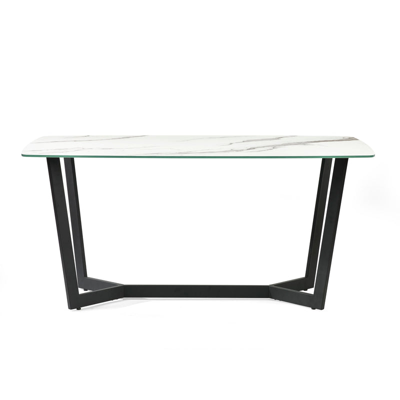 Dining table with marble-like top and black metal frame on a white background