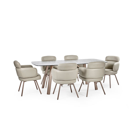 Dining table set with eight chairs on a white background