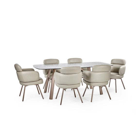 Dining table set with eight chairs on a white background