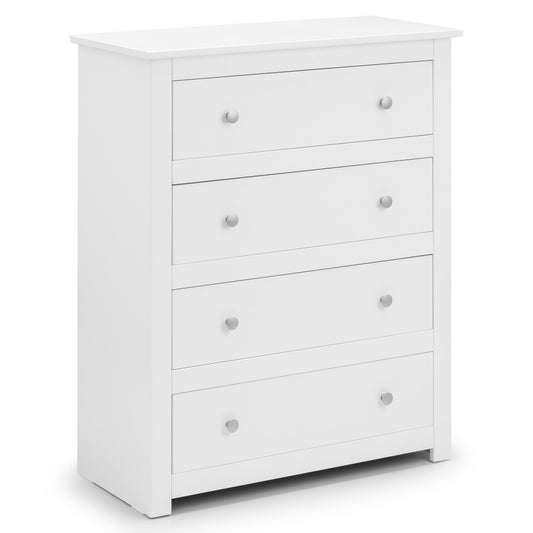 White dresser with four drawers on a white background