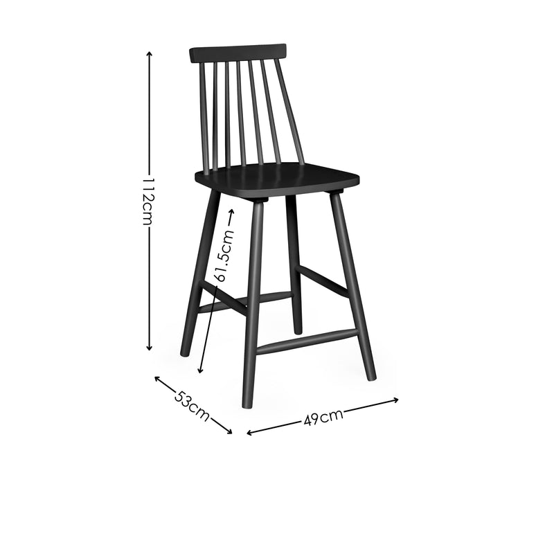 Black bar stool with dimensions indicated on a white background