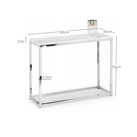 Glass table with dimensions labeled on a white background