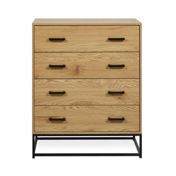 Wooden dresser with four drawers and black handles on a white background