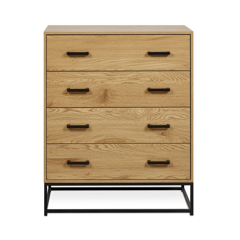 Wooden dresser with four drawers and black handles on a white background