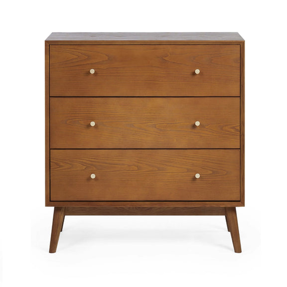 Wooden dresser with three drawers on a white background