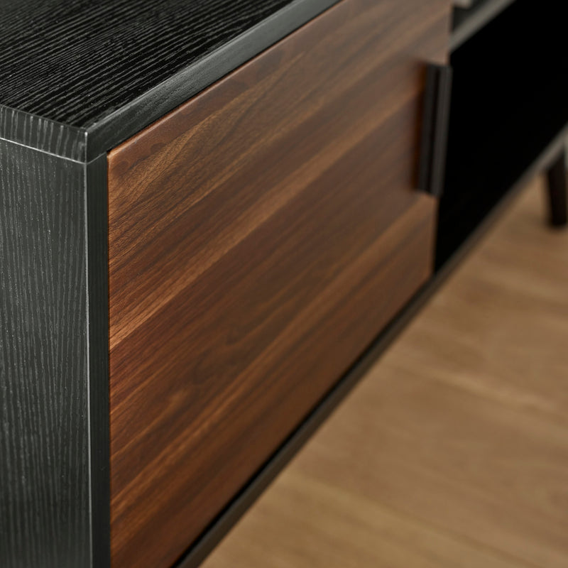 Wooden drawer with dark brown finish on a wooden floor