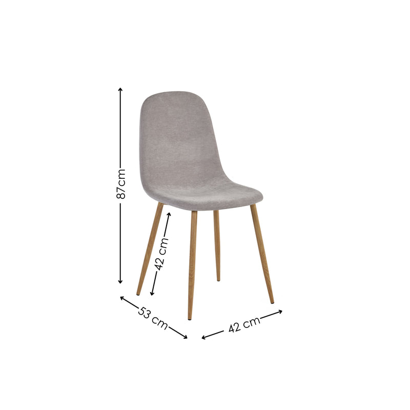 Gray chair with dimensions indicated on a white background