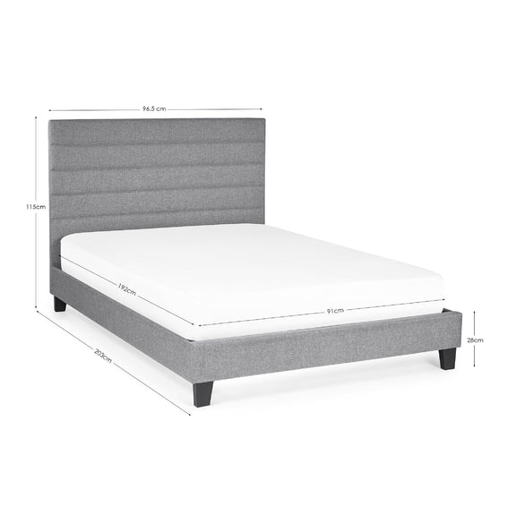 Gray upholstered bed with dimensions on a white background