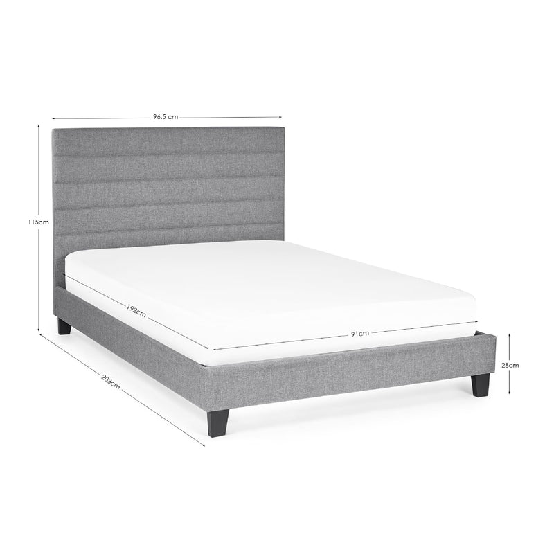 Gray upholstered bed with dimensions on a white background