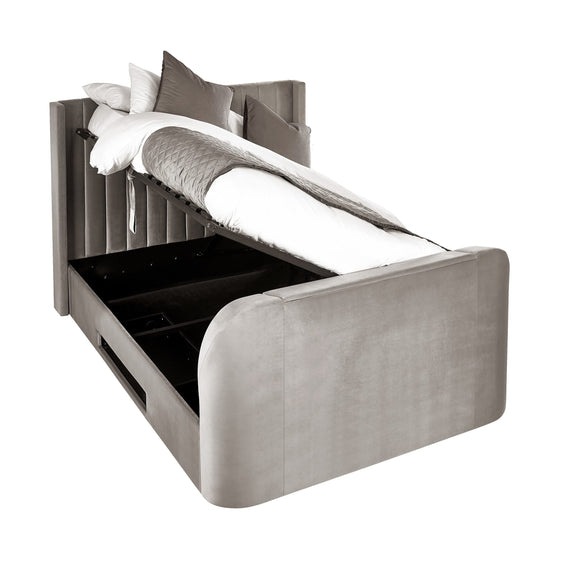 Gray upholstered bed with storage drawers on a white background