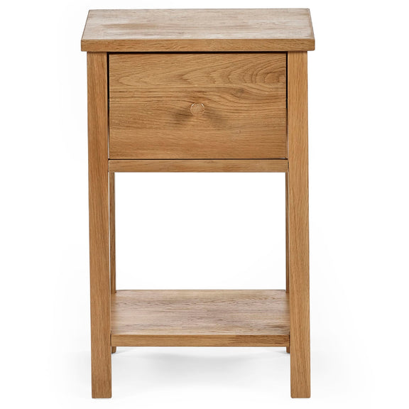 Wooden nightstand with a drawer and shelf on a white background