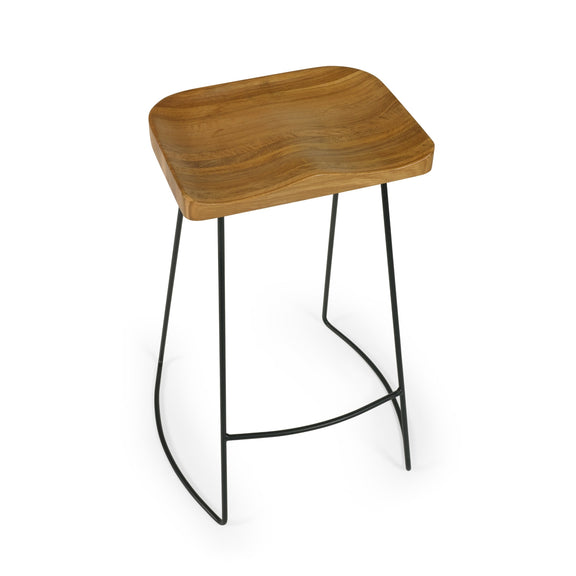 Wooden stool with black metal legs on a white background
