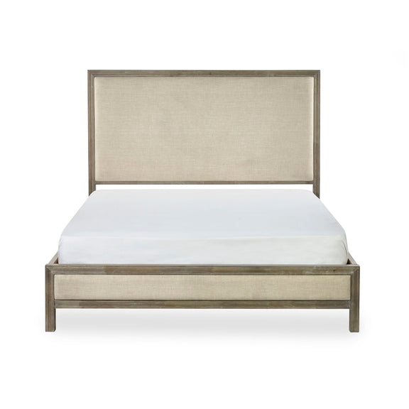 Bed with wooden frame and upholstered headboard on a white background