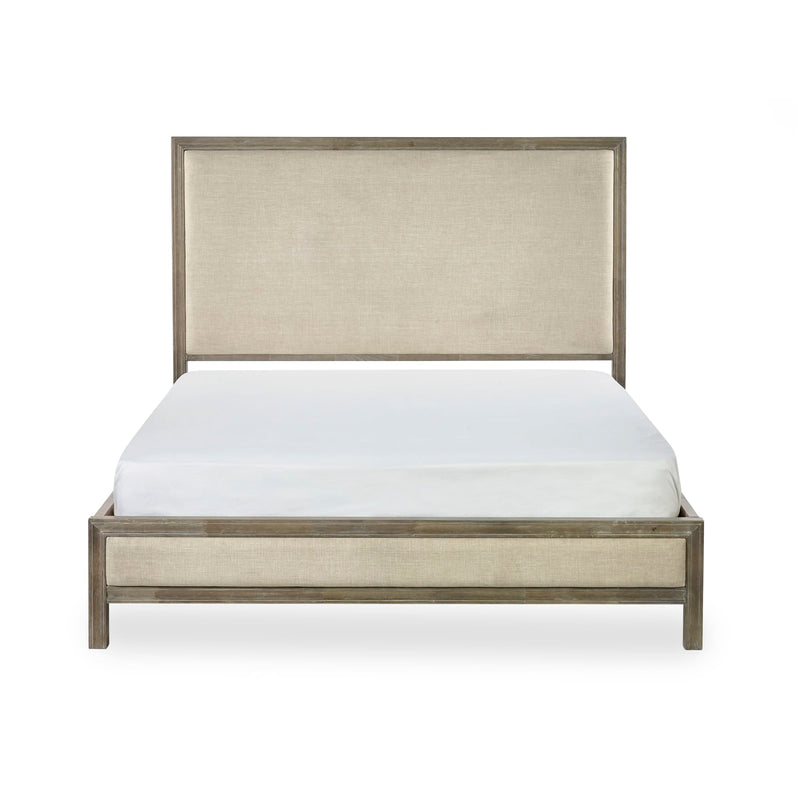 Bed with wooden frame and upholstered headboard on a white background