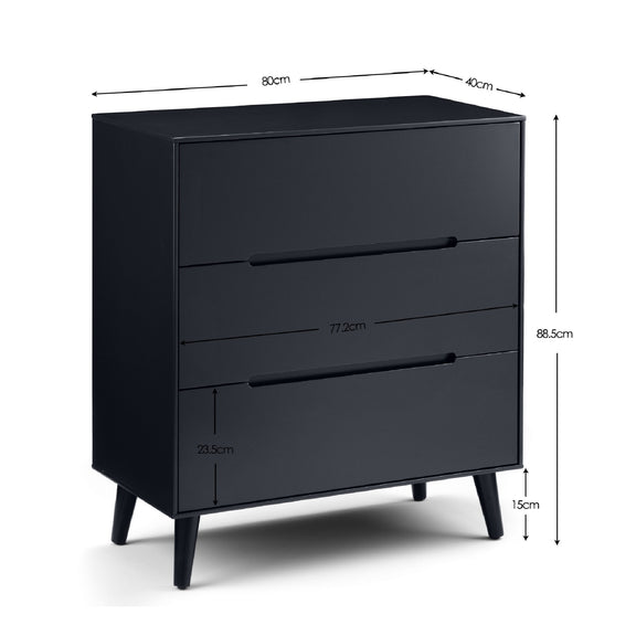 Black dresser with dimensions labeled on a white background