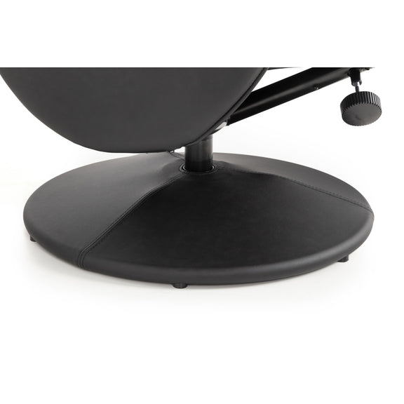 Close-up of a black office chair base on a white background