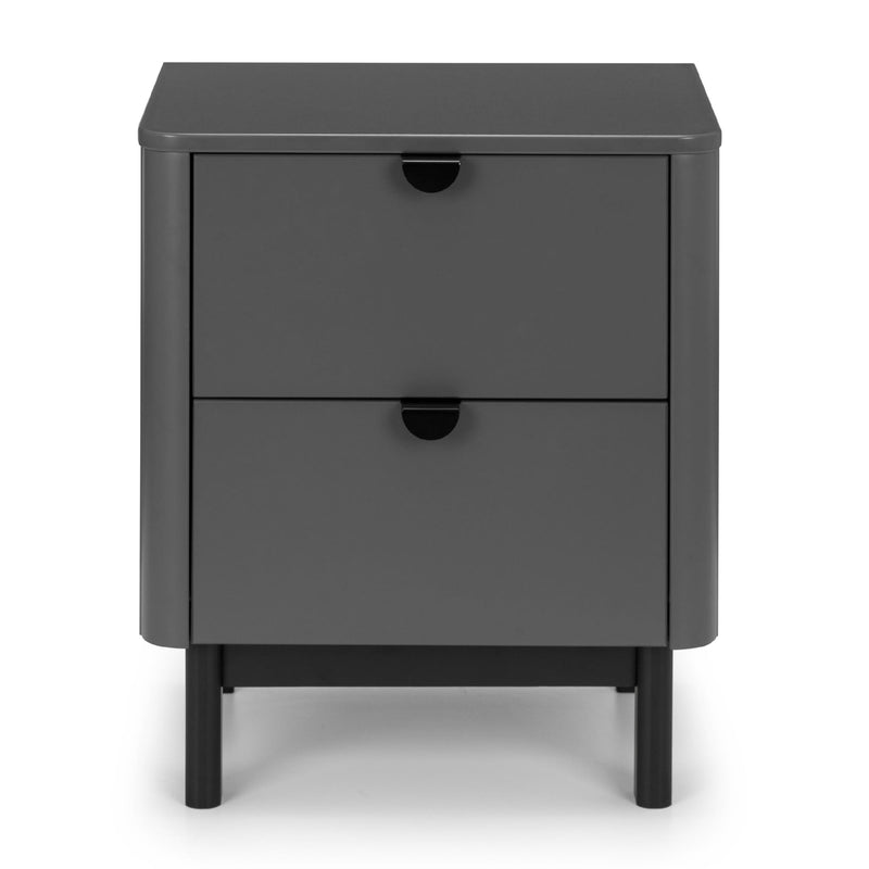 Gray nightstand with two drawers on a white background