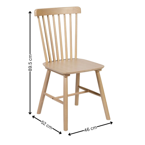 Wooden chair with dimensions labeled on a white background