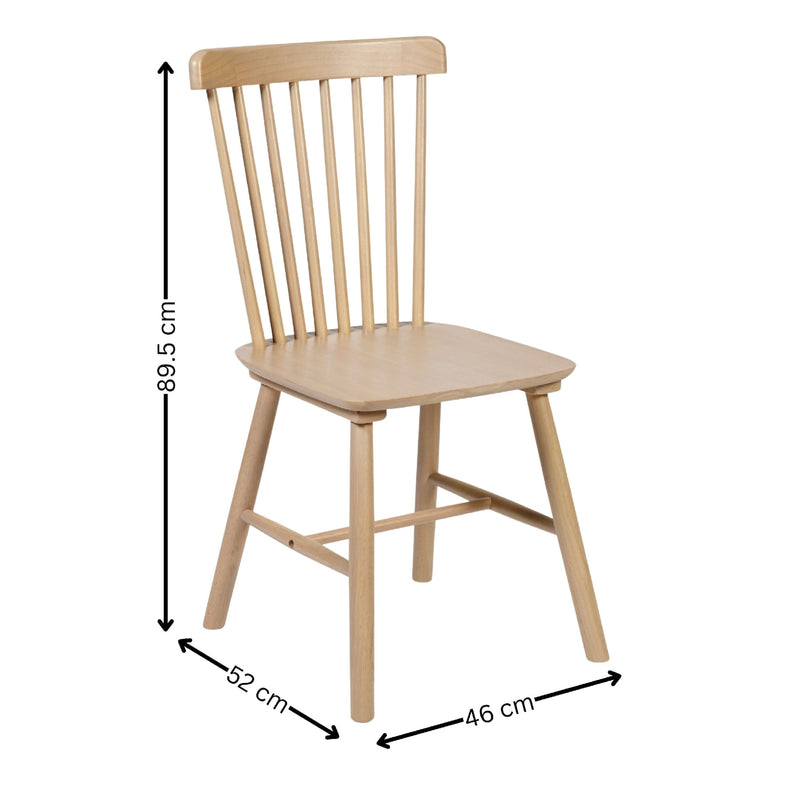 Wooden chair with dimensions labeled on a white background