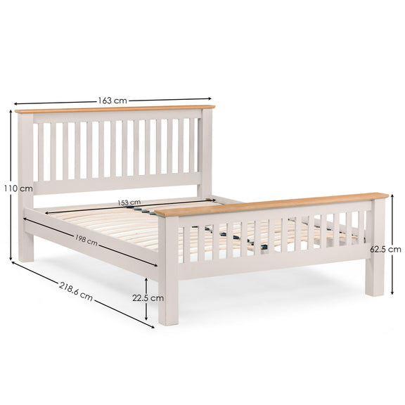 Wooden bed frame with dimensions labeled on a white background