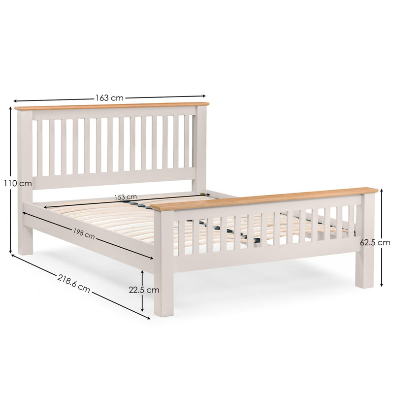 Wooden bed frame with dimensions labeled on a white background