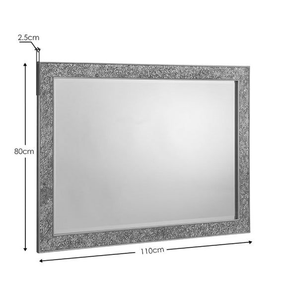 Rectangular mirror with decorative frame and dimensions labeled on a white background