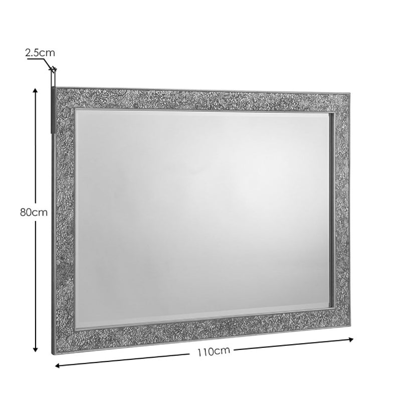 Rectangular mirror with decorative frame and dimensions labeled on a white background