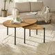 Nest of wooden coffee tables in a living room setting with a sofa and decor items.
