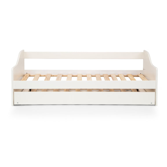 White bed frame with wooden slats on a white background