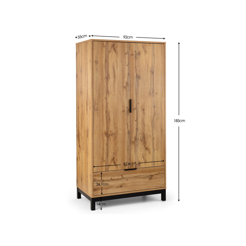 Wooden wardrobe with dimensions labeled on a white background