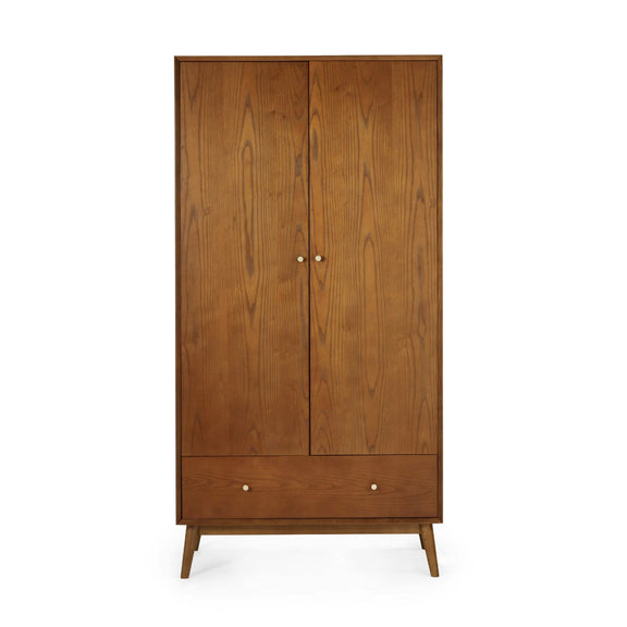 Wooden wardrobe with two doors and a drawer on a white background
