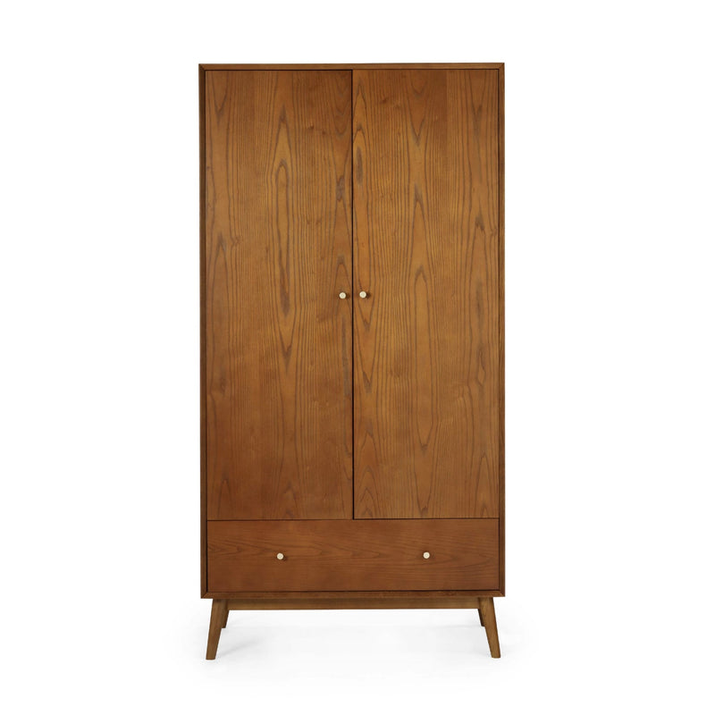 Wooden wardrobe with two doors and a drawer on a white background
