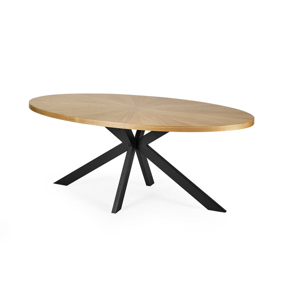 Wooden table with black metal legs on a white background