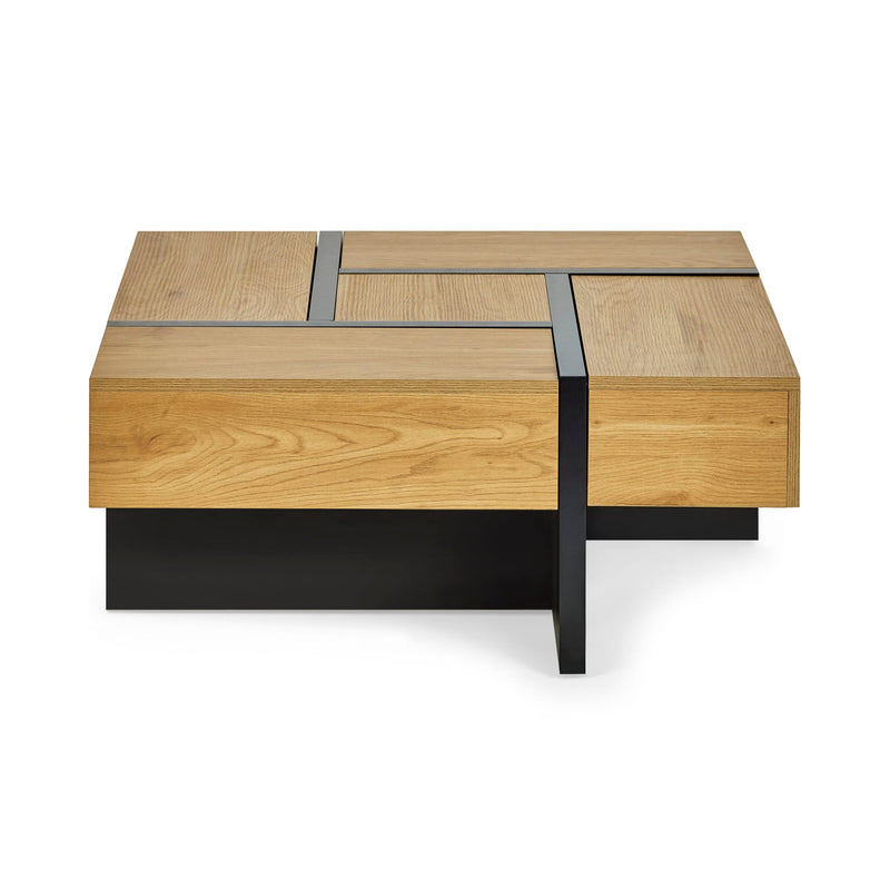 Wooden coffee table with black metal legs on a white background