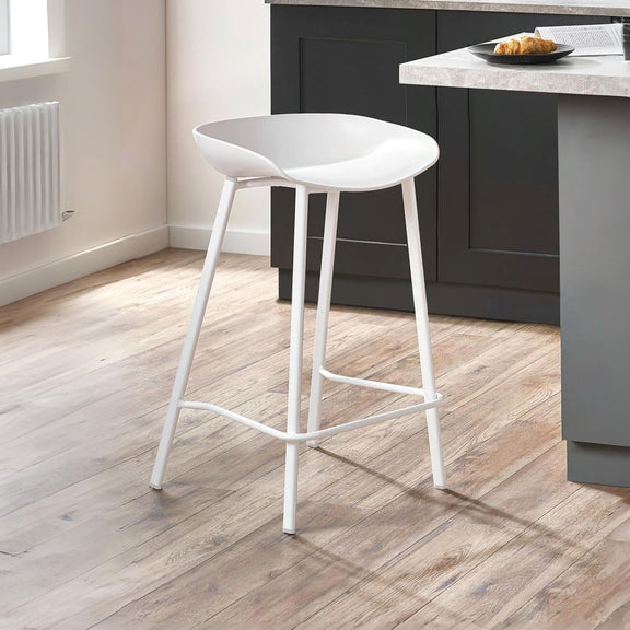 White bar stool on a wooden floor in a kitchen setting