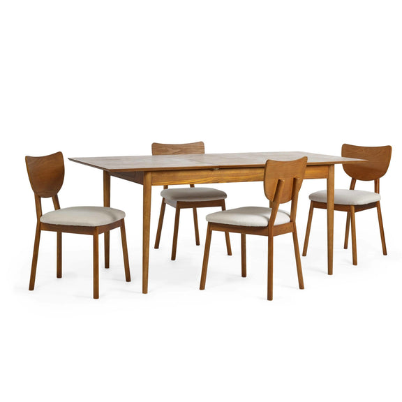 Dining table set with four chairs on a white background