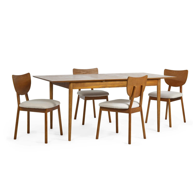 Dining table set with four chairs on a white background