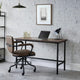 Modern office desk with chair against a white brick wall.