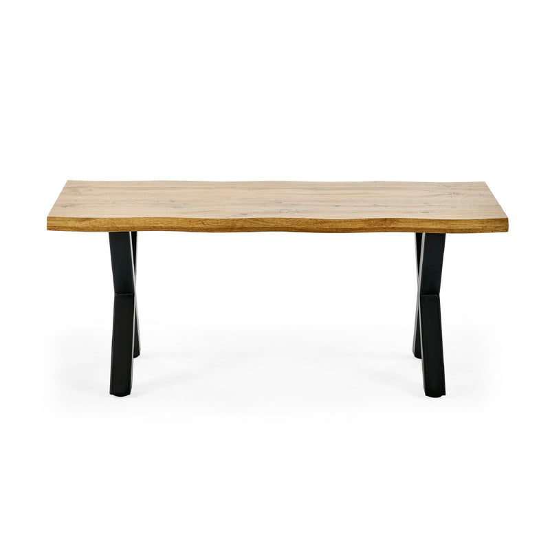 Wooden table with black legs on a white background