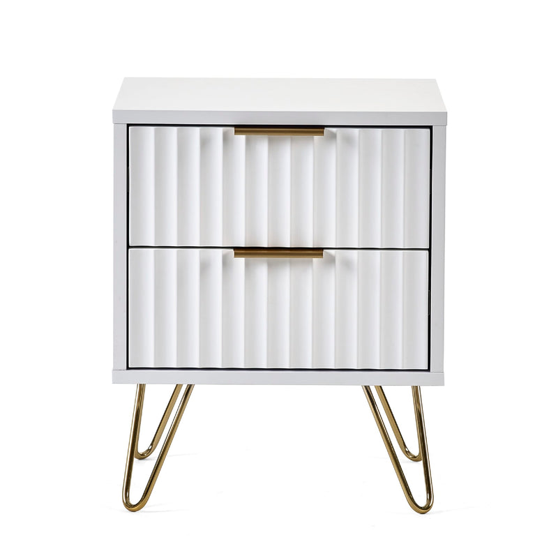 White nightstand with gold hairpin legs on a white background