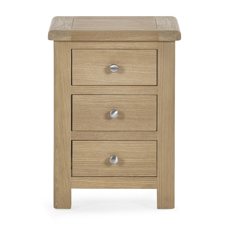 Wooden nightstand with three drawers on a white background
