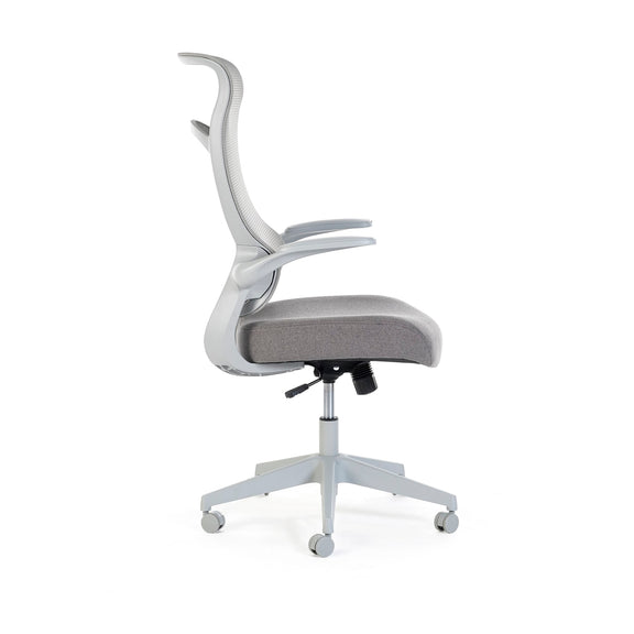 Gray office chair with a white frame on a white background
