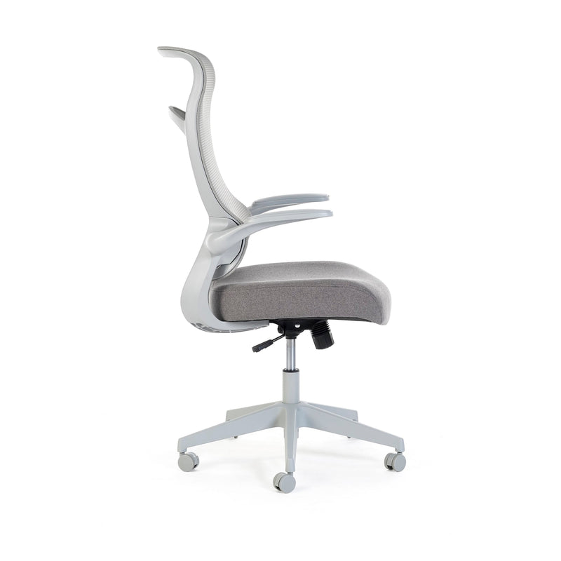Gray office chair with a white frame on a white background