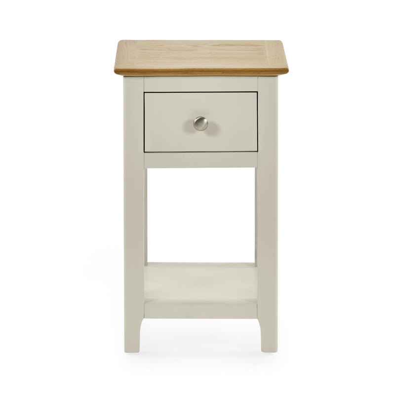 Small wooden side table with a drawer on a white background