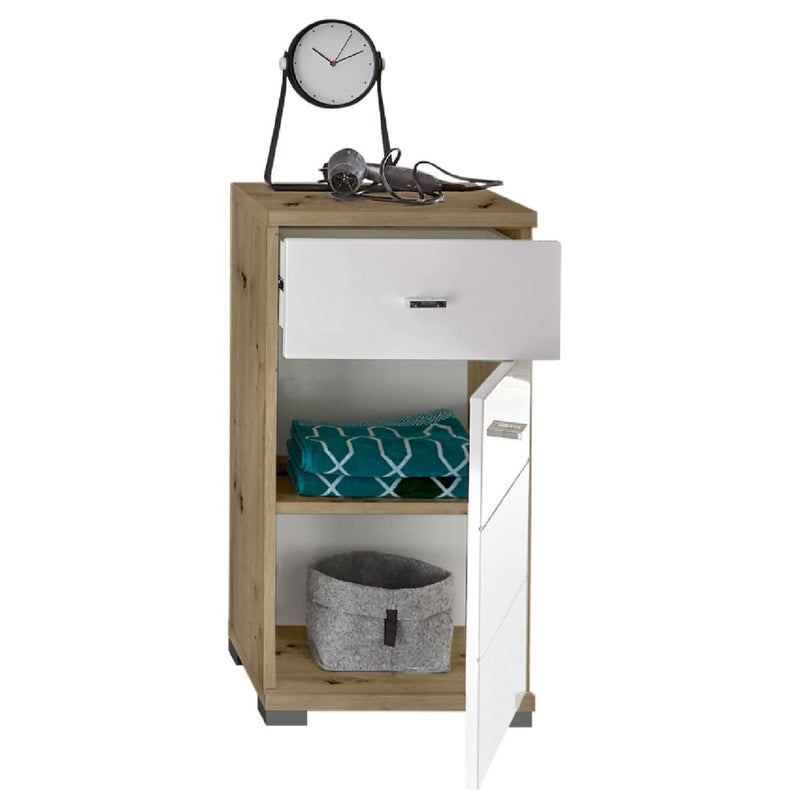 Wooden nightstand with a white drawer and open shelf containing a gray basket and blue patterned box, on a white background.