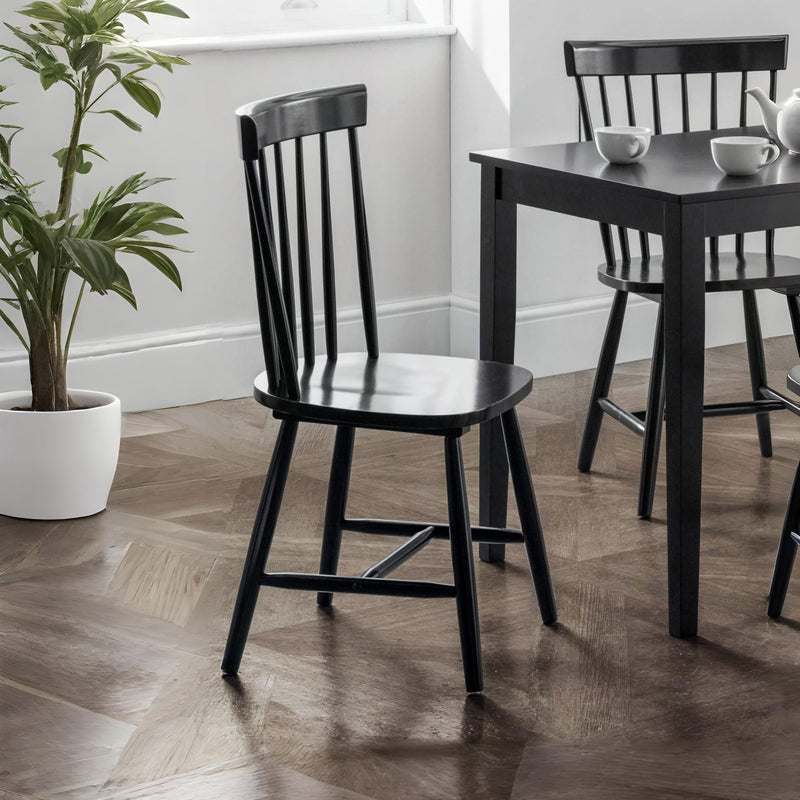 Black wooden chair in a room with a table and plant