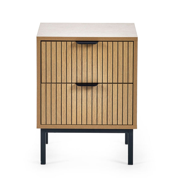Wooden nightstand with two drawers on a white background
