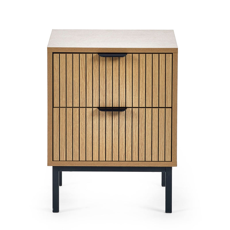 Wooden nightstand with two drawers on a white background
