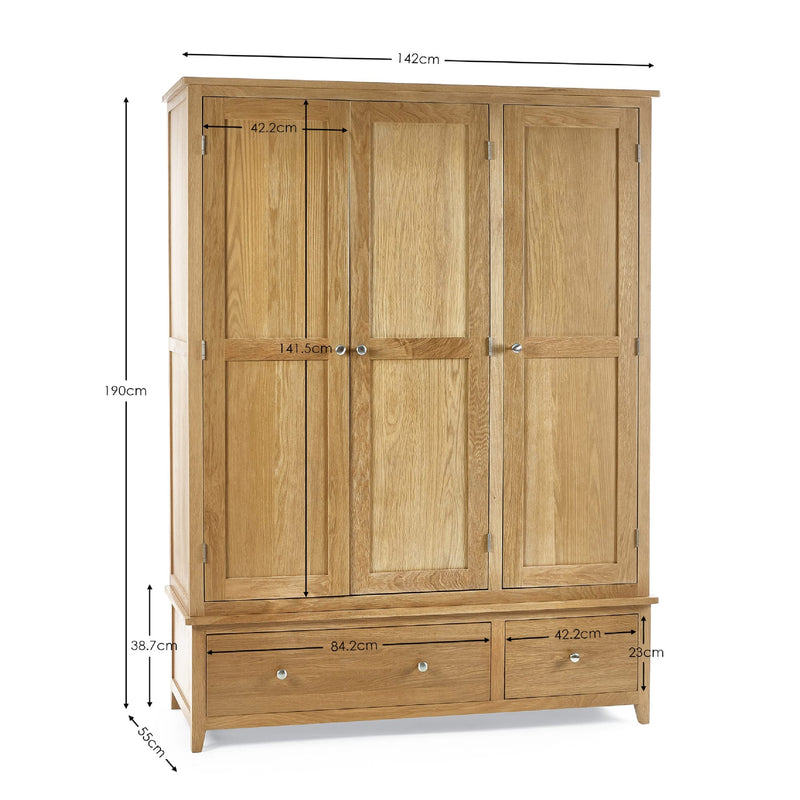 Wooden wardrobe with dimensions labeled on a white background