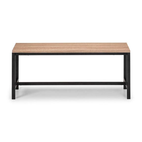 Coffee table with wooden top and black metal frame on a white background